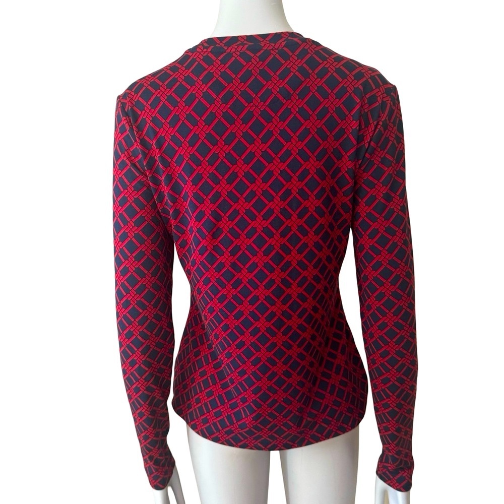 BROOKS BROTHERS Knit Top Long Sleeve Trellis Print Round Neck Red Navy Blue - Picture 7 of 12